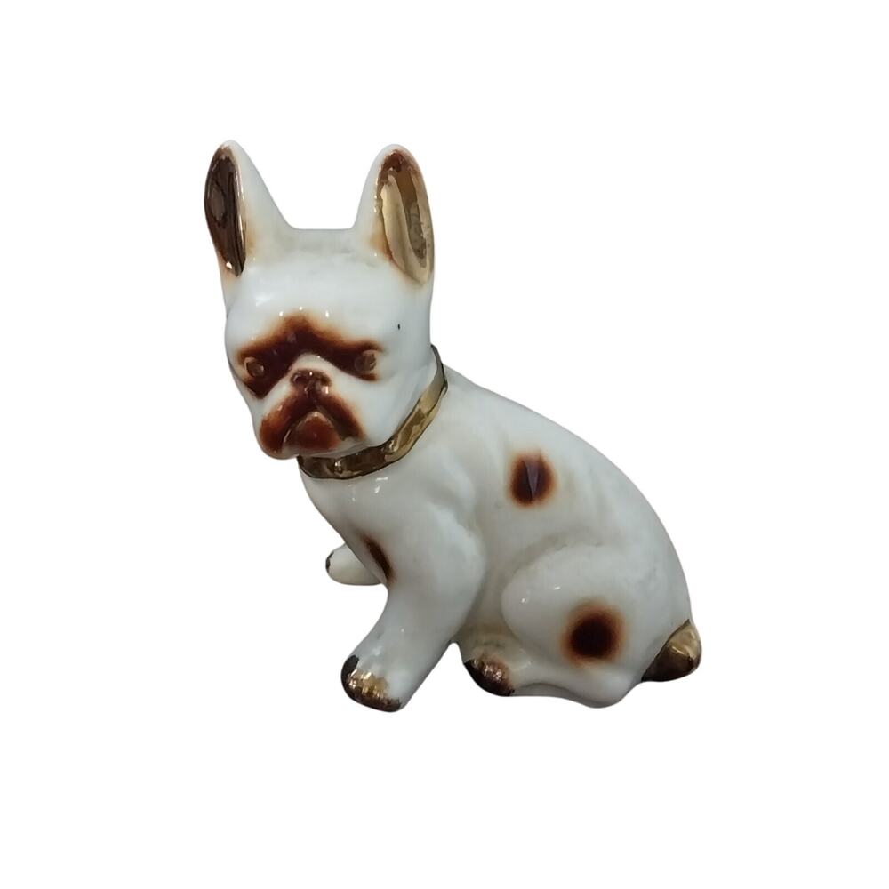 Vintage Porcelain Ivory Gold Trimmed Bulldog Boxer Figurine Statue 3 1/2"